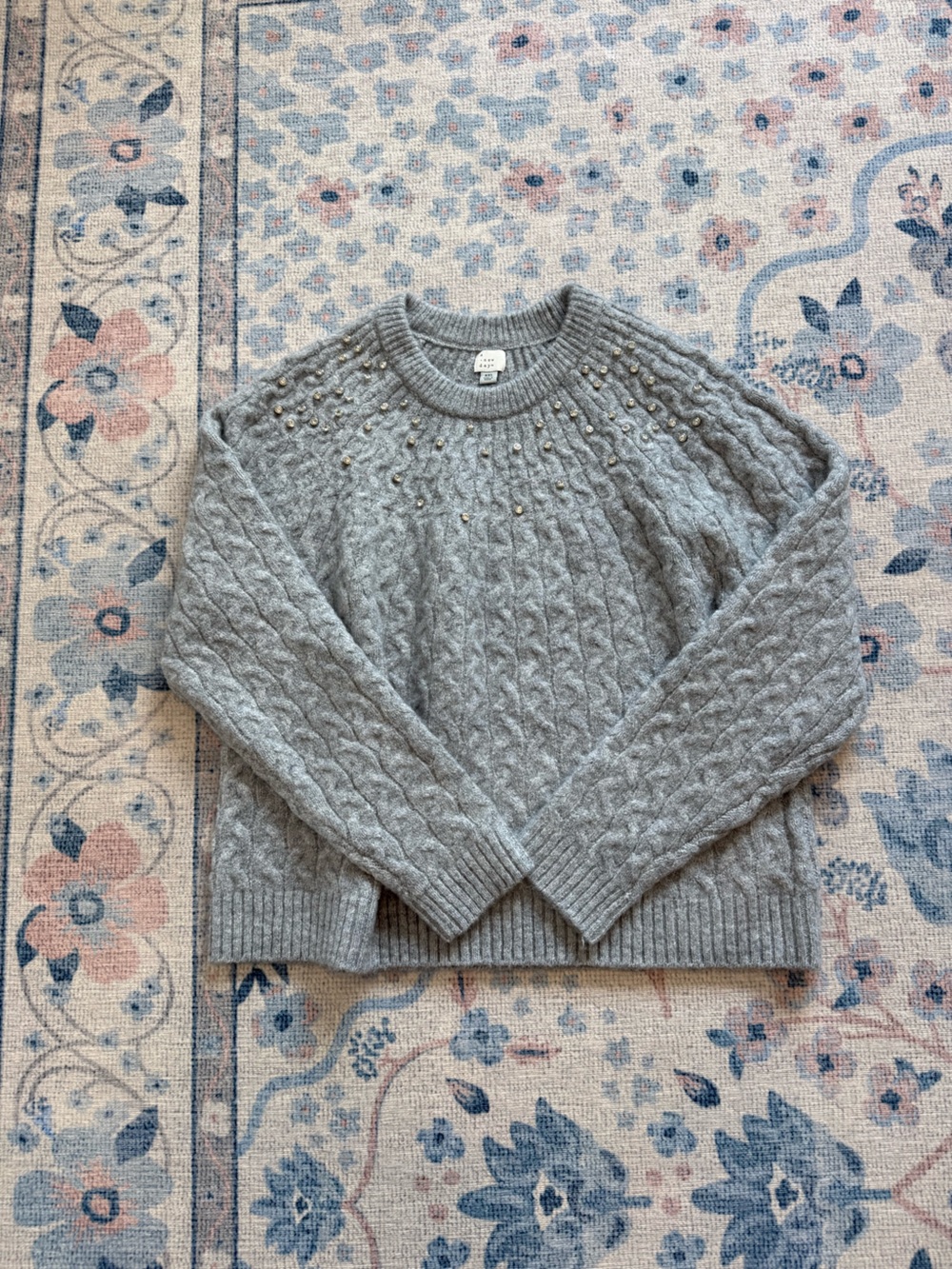 A new day Gray Cable-Knit Crewneck Sweater with Crystal Accents
